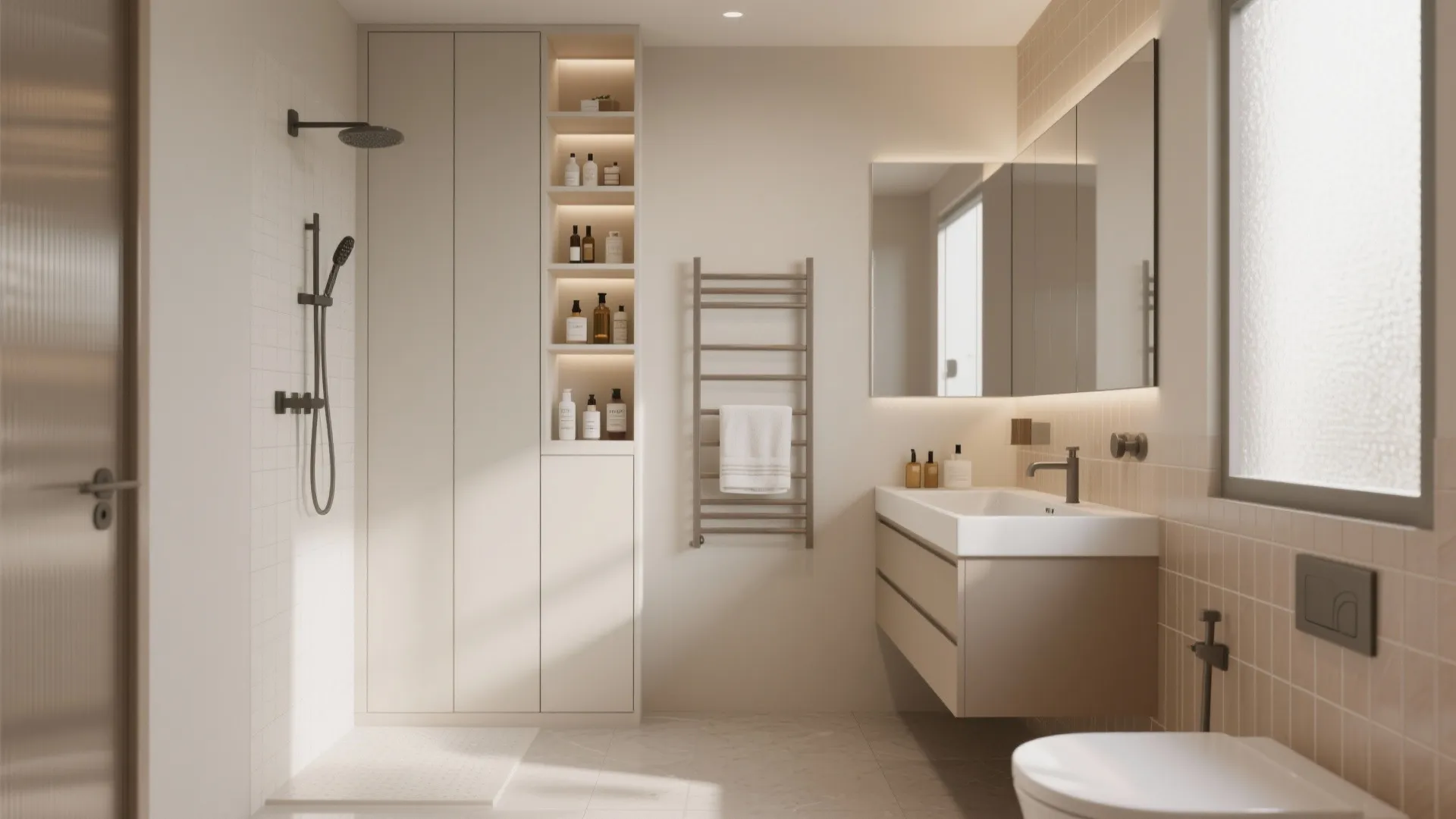Small bathroom with tall cabinets, recessed niche, and ladder towel rack maximizing vertical storage.