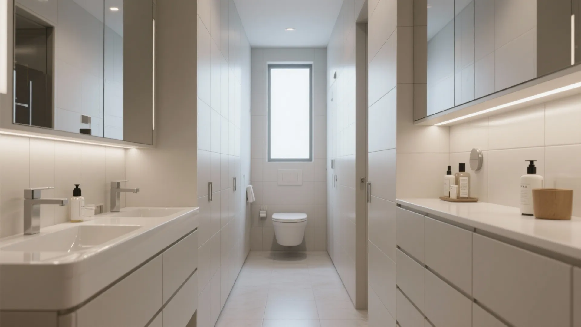 Narrow bathroom with tall recessed cabinets and mirrored medicine cabinet maximizing storage.
