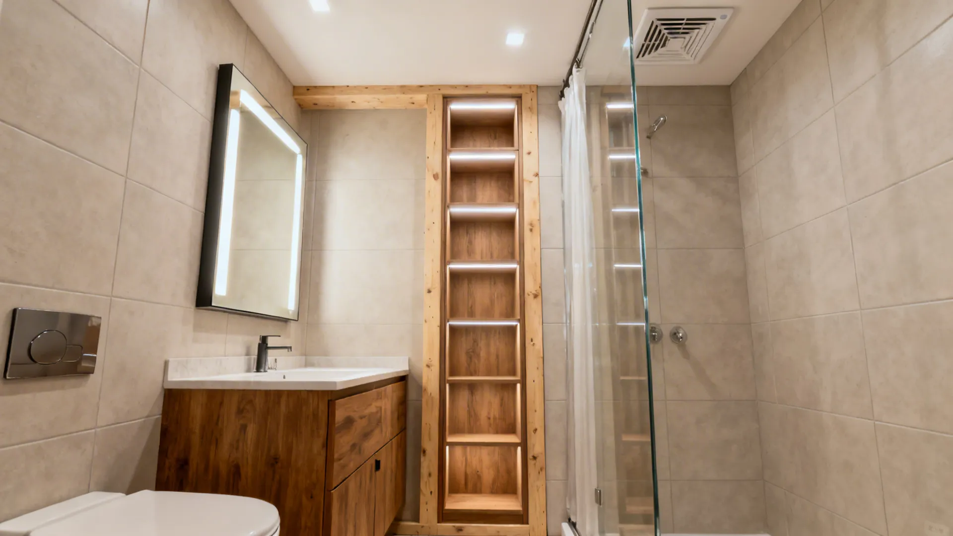Small bathroom with tall recessed cabinet and full-height mirror to enhance vertical space.