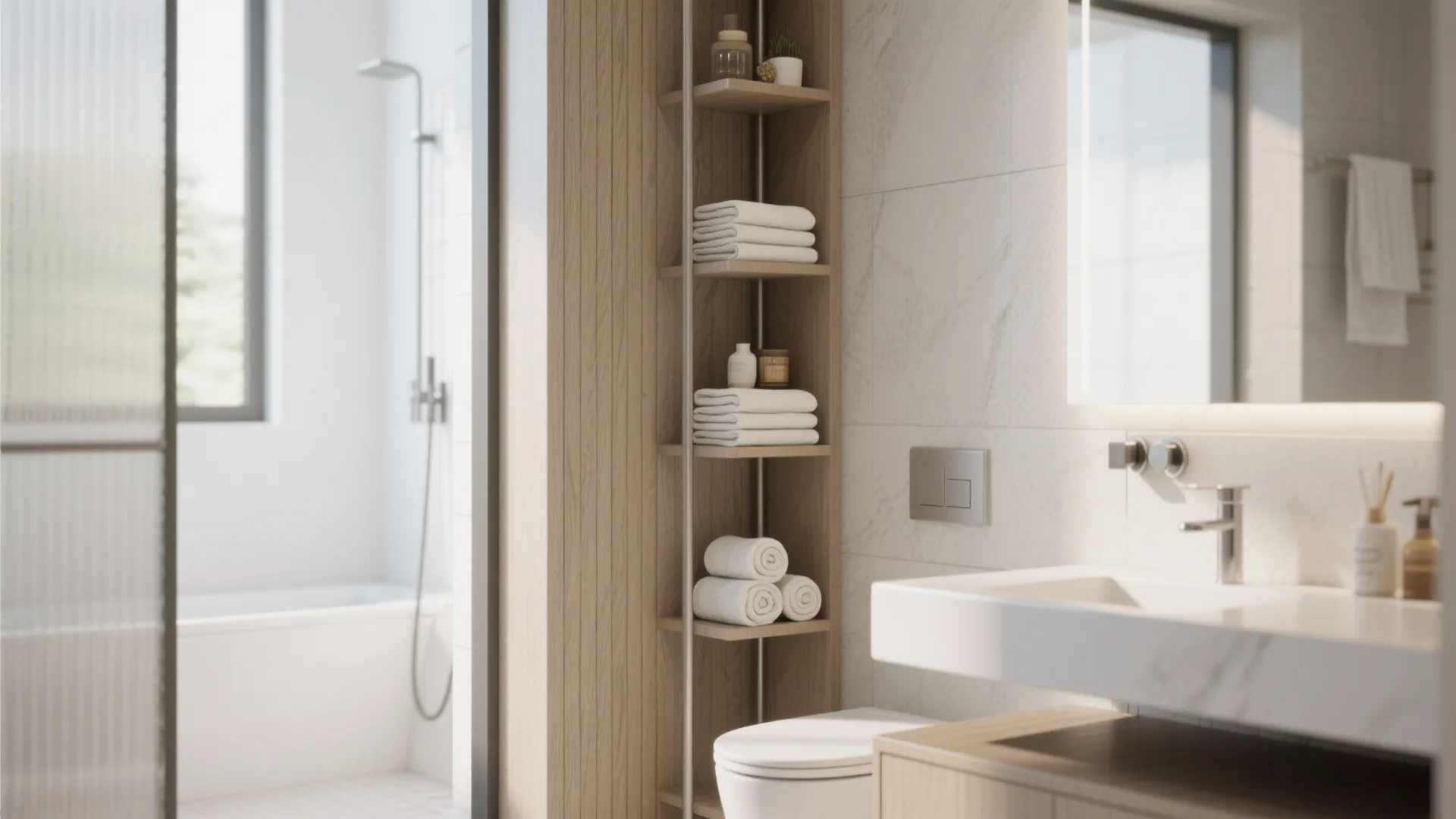 Modern bathroom with wooden vertical shelves holding white towels next to a white sink and toilet