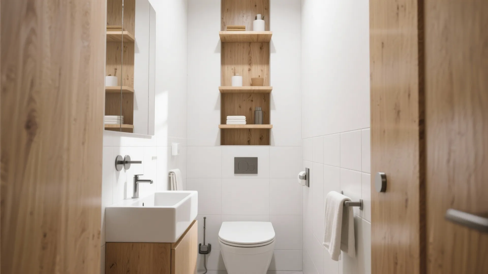 Minimalist bathroom showing white toilet wood cabinet and vertical wall shelves for organized storage space