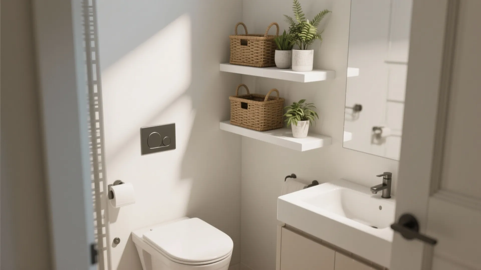 Small white bathroom with toilet sink and two white floating shelves holding baskets and green