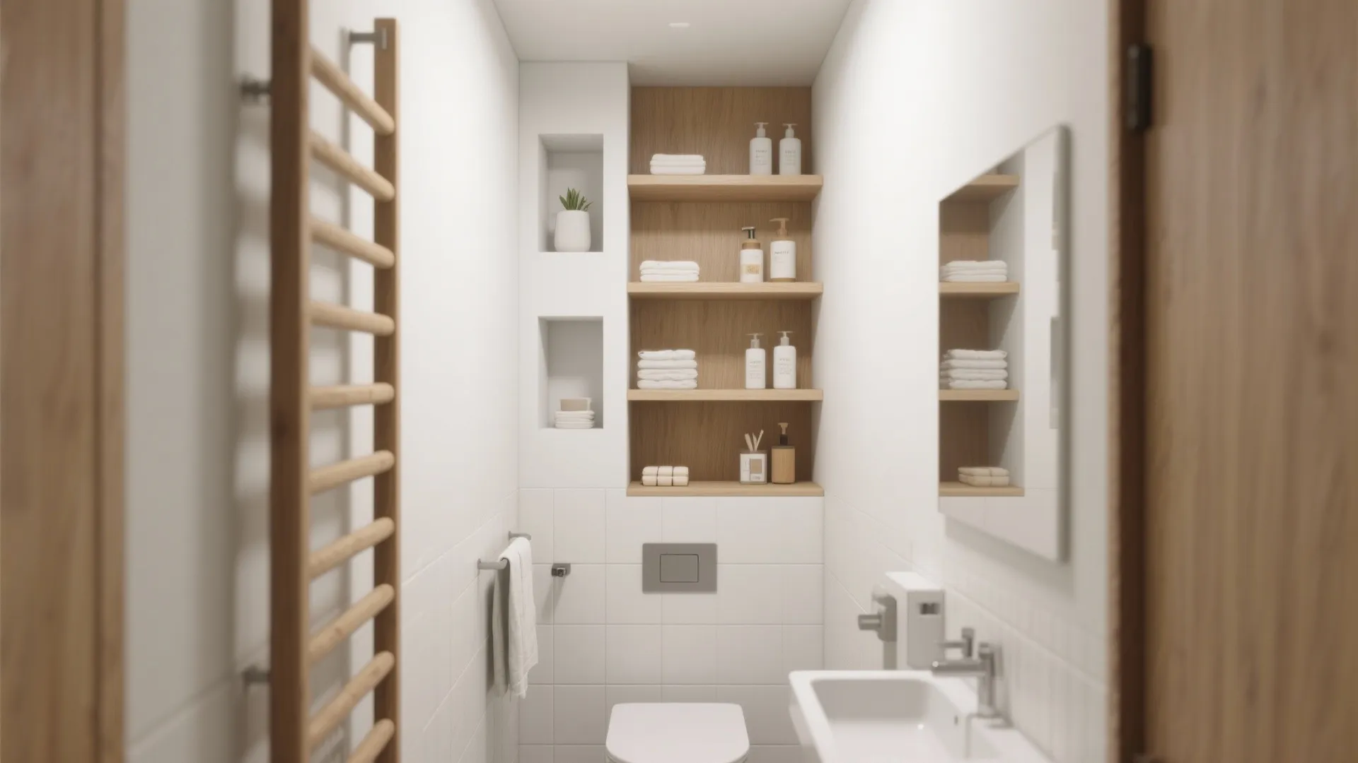 Narrow white bathroom with wooden open wall shelves hanging towels small sink and large mirror