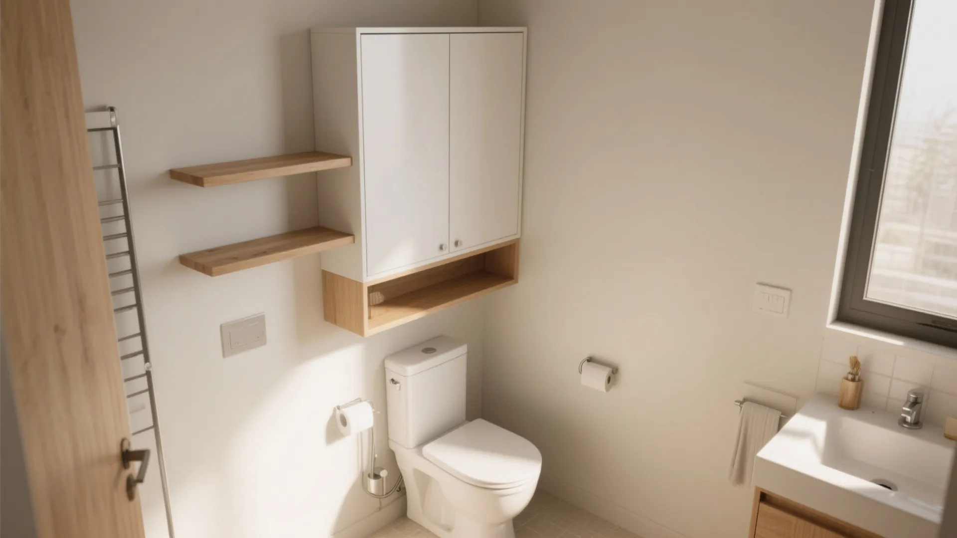 Modern bathroom interior featuring white cabinet wooden shelves white toilet and a small white sink