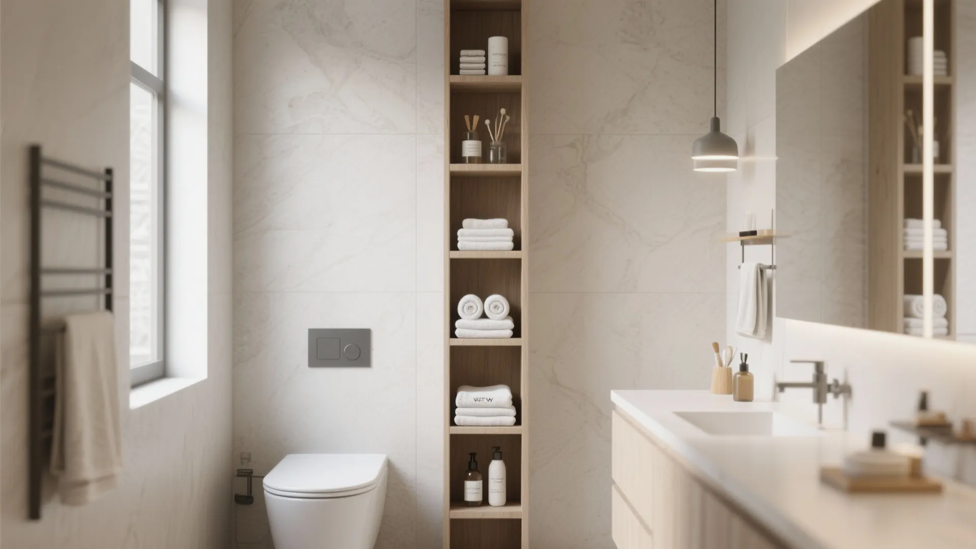 Modern bathroom with tall wooden shelf white toilet sink cabinet mirror and marble wall panels
