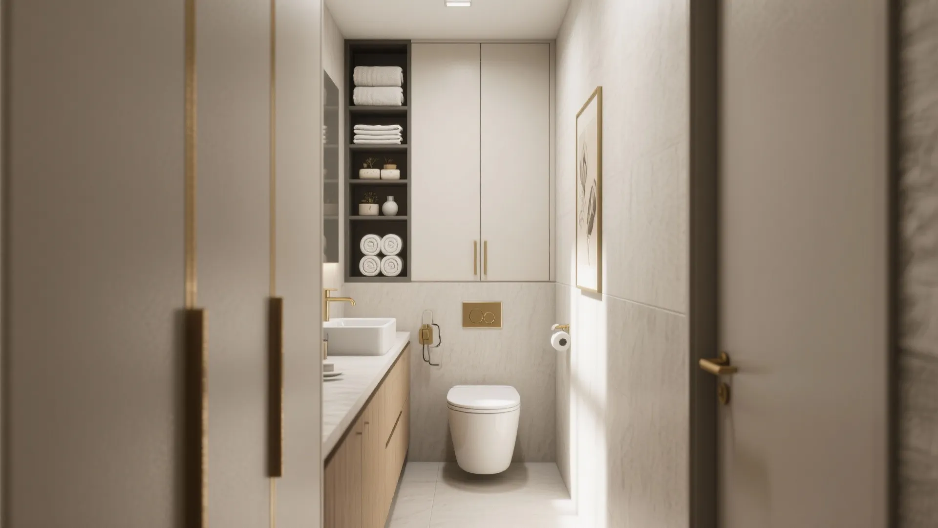 Narrow bathroom design with wall toilet wooden cabinet white sink towel storage and gold door handle