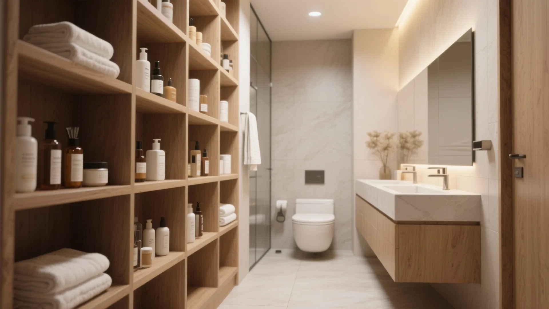 Floor-to-ceiling shelving providing vertical storage in a bathroom