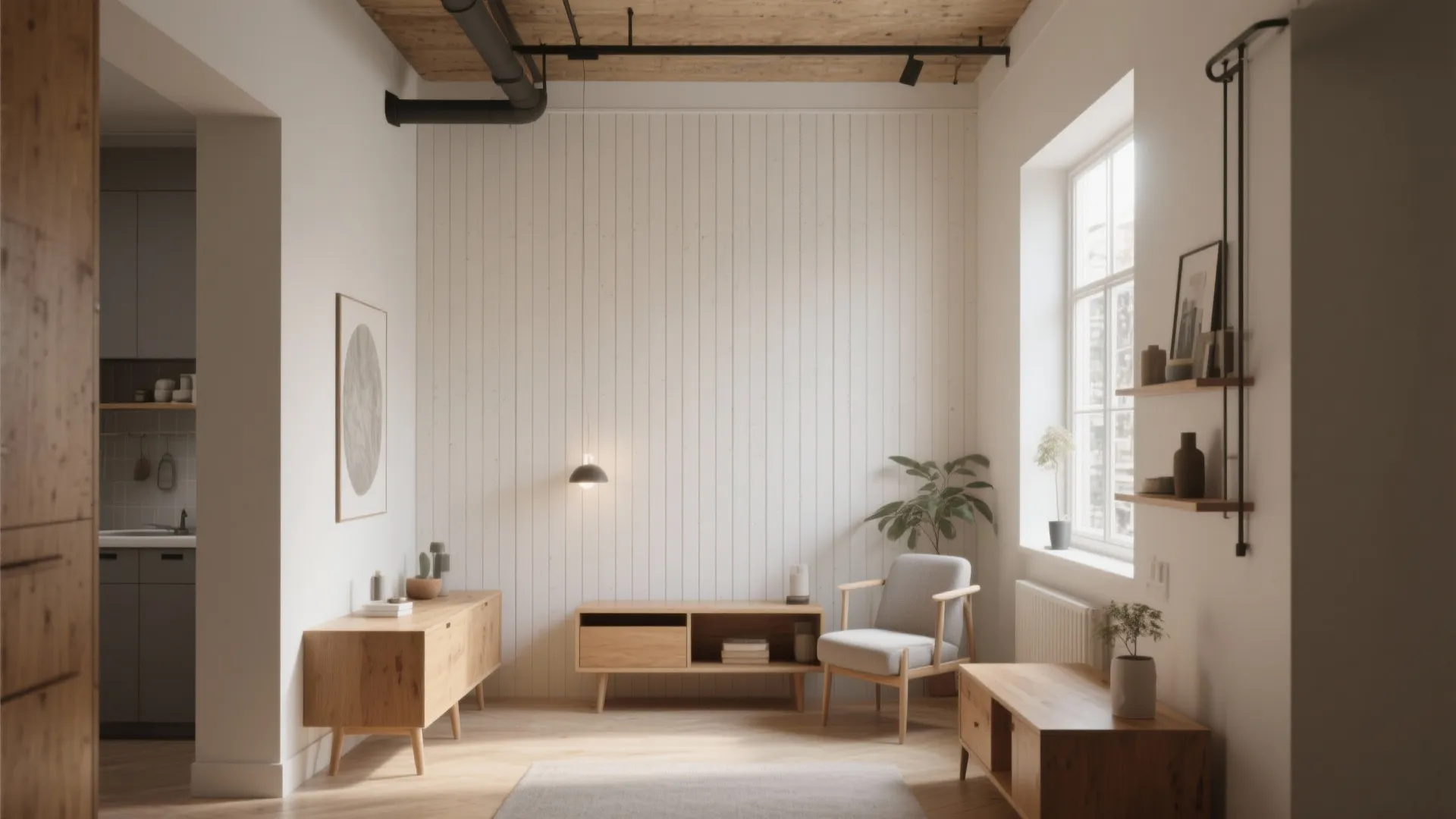 Compact loft with vertical wall battens enhancing room height.