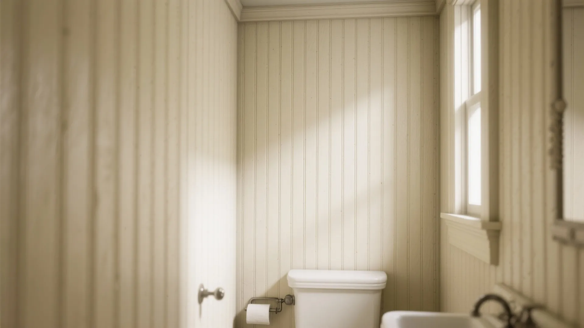 Small bathroom corner featuring white vertical wall panels next to toilet sink and window light