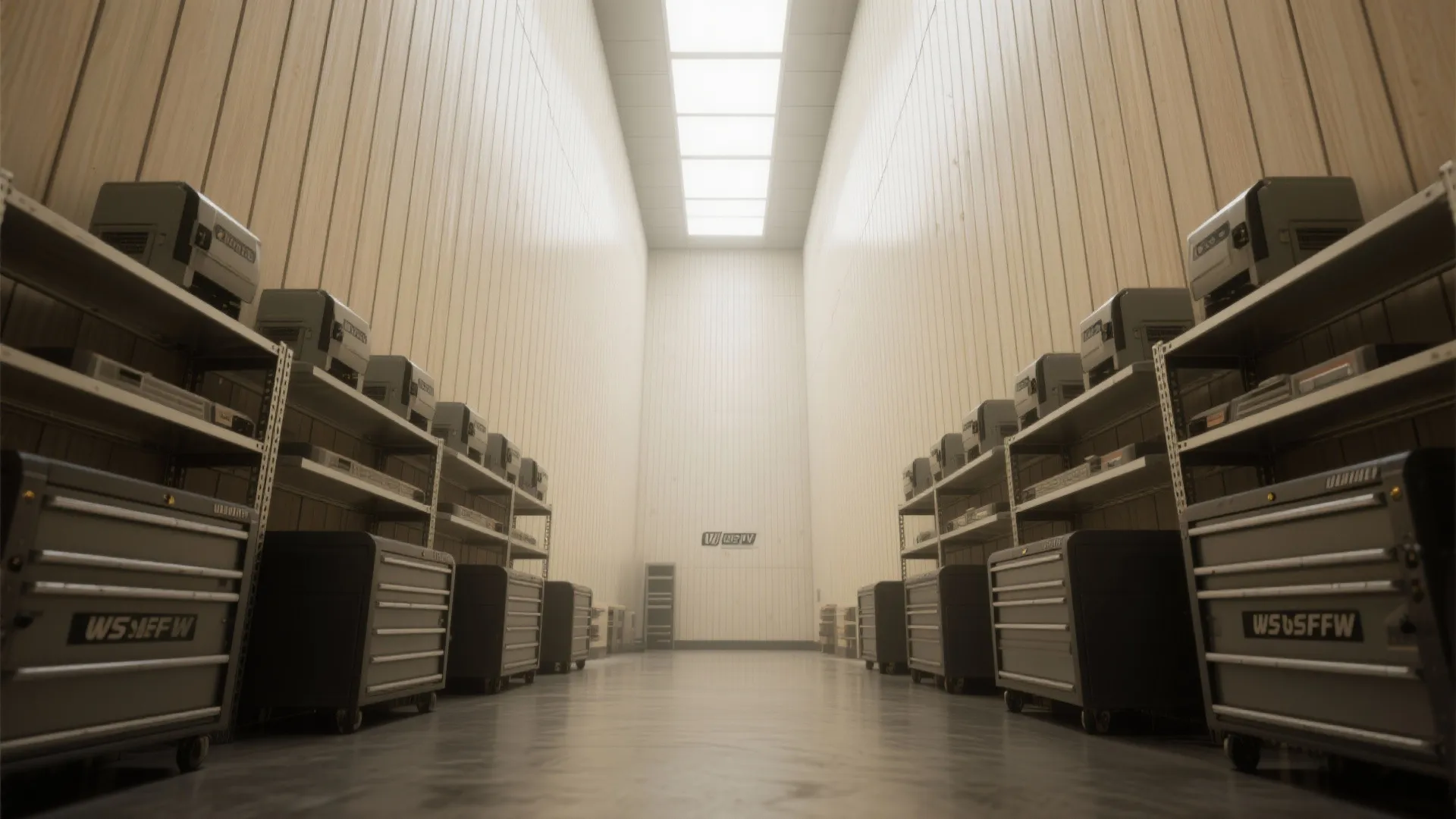 Modern narrow room with vertical white wall panels wooden shelves and industrial style storage units