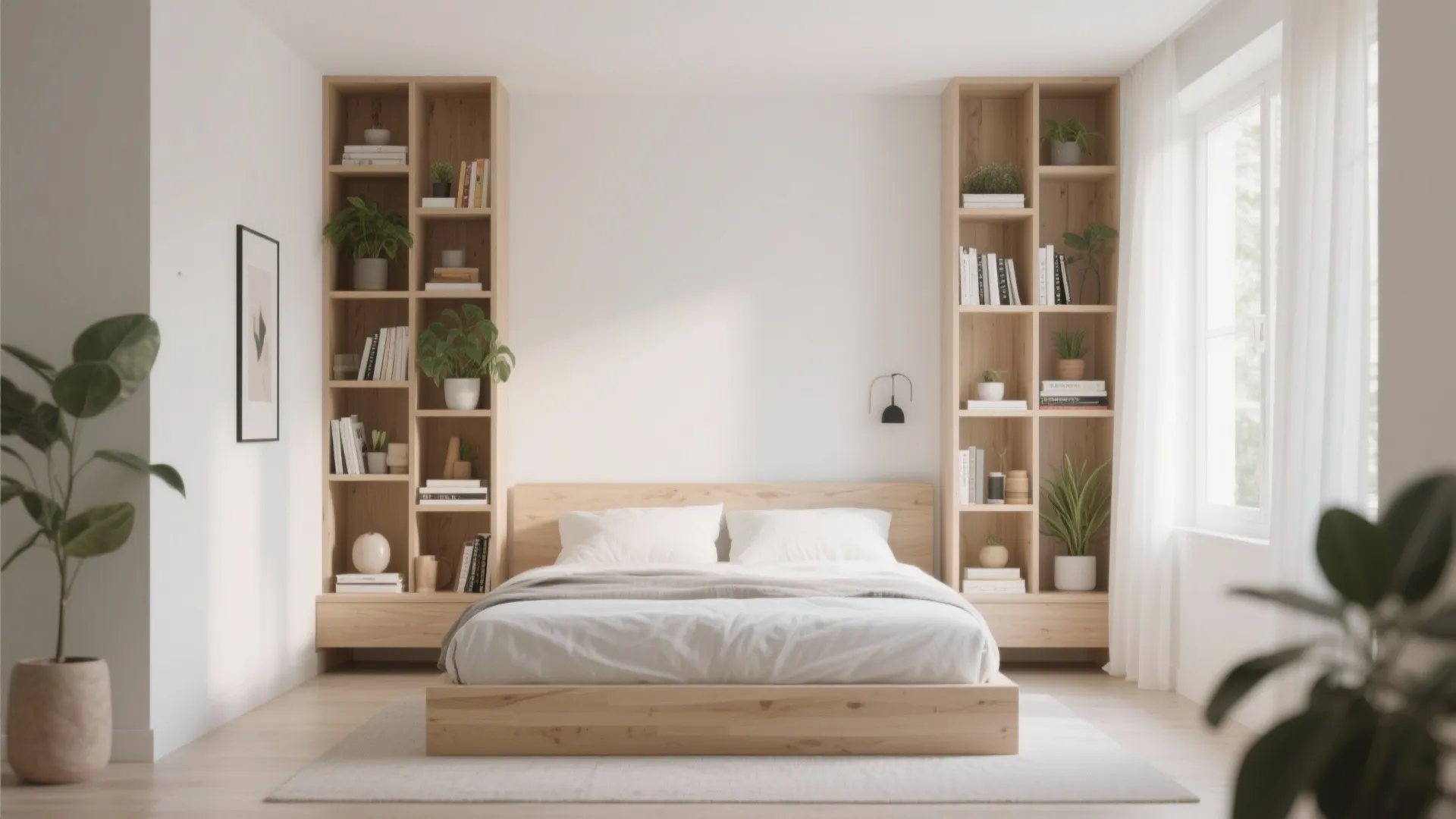 Minimalist bedroom design with light wood bed frame and two tall matching bookcases with plants