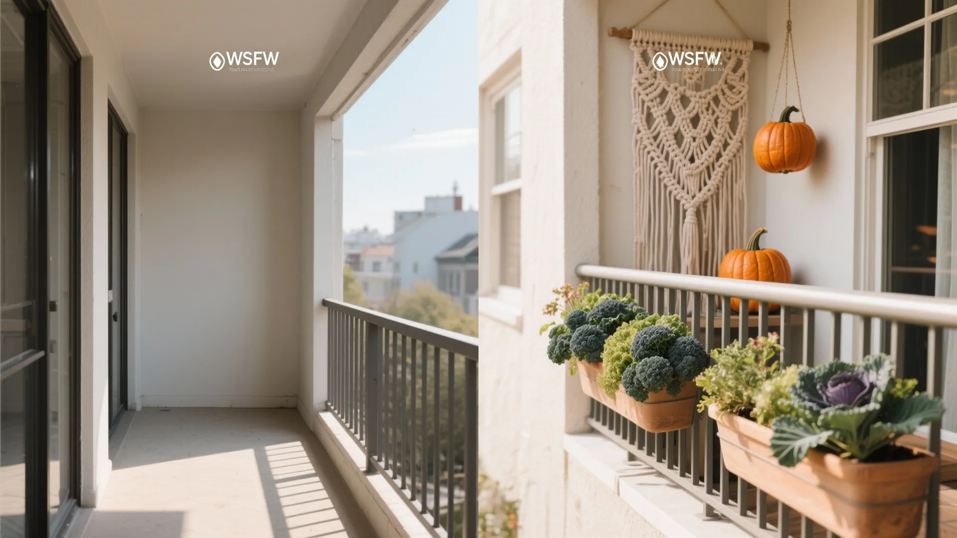 Before-and-after of a balcony gaining vertical planters and hanging accents.