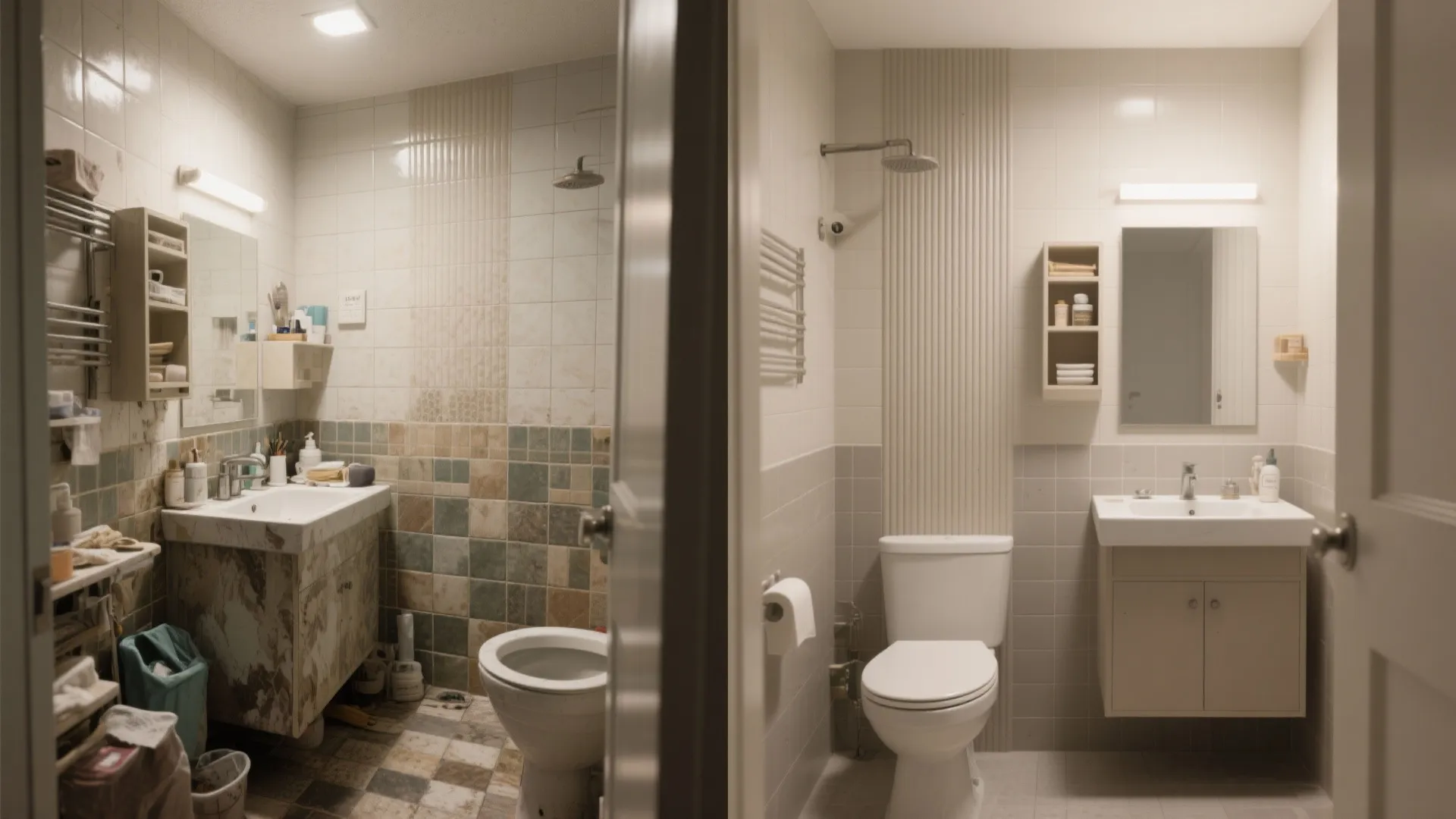 Before and after comparison of an old messy bathroom versus a clean modern renovated bathroom