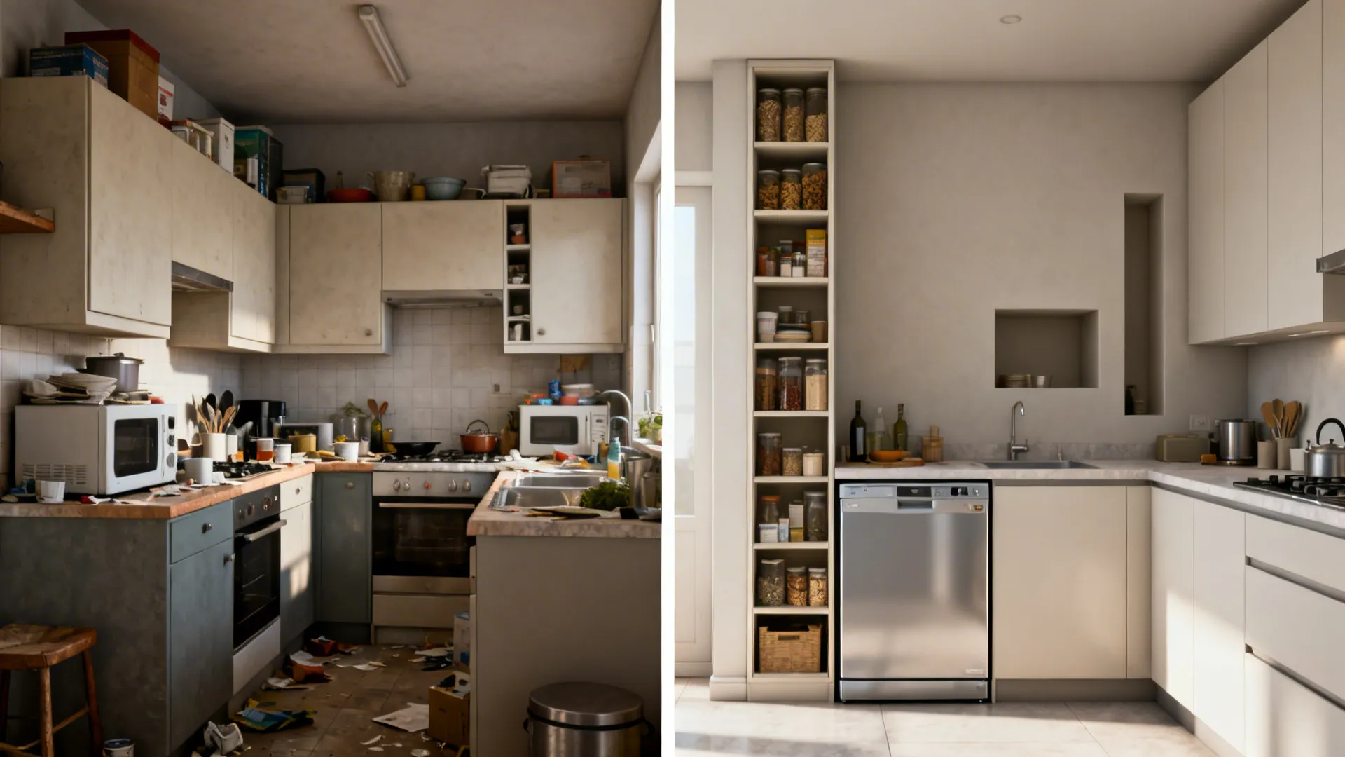 Before-and-after comparison showing vertical zoning with tall storage and slim appliances.