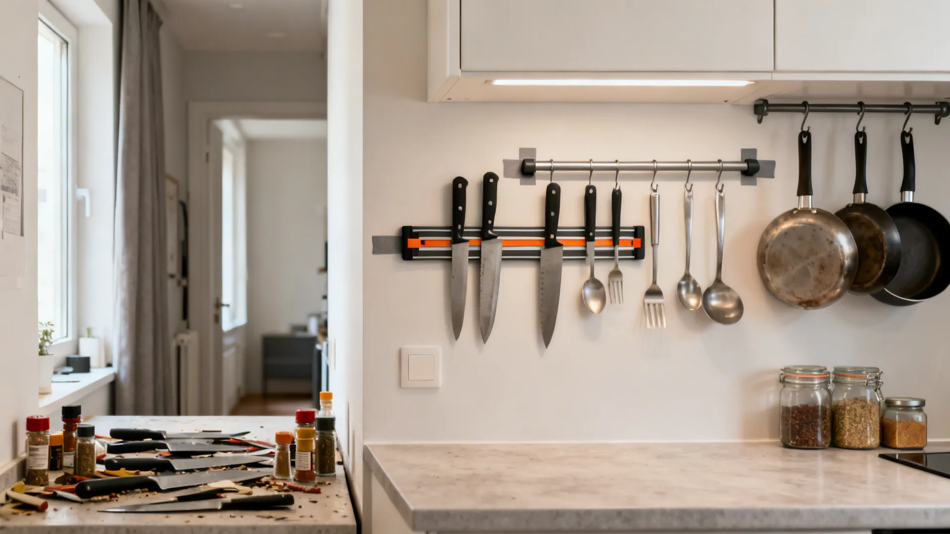 Split view shows cluttered counter versus organized magnetic and adhesive vertical storage.