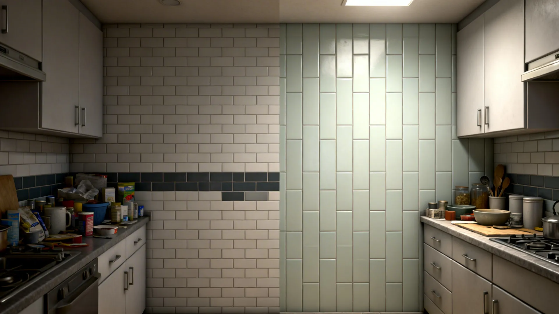 Before-after of a compact kitchen wall switching to vertical stacked tiles with light grout for added height
