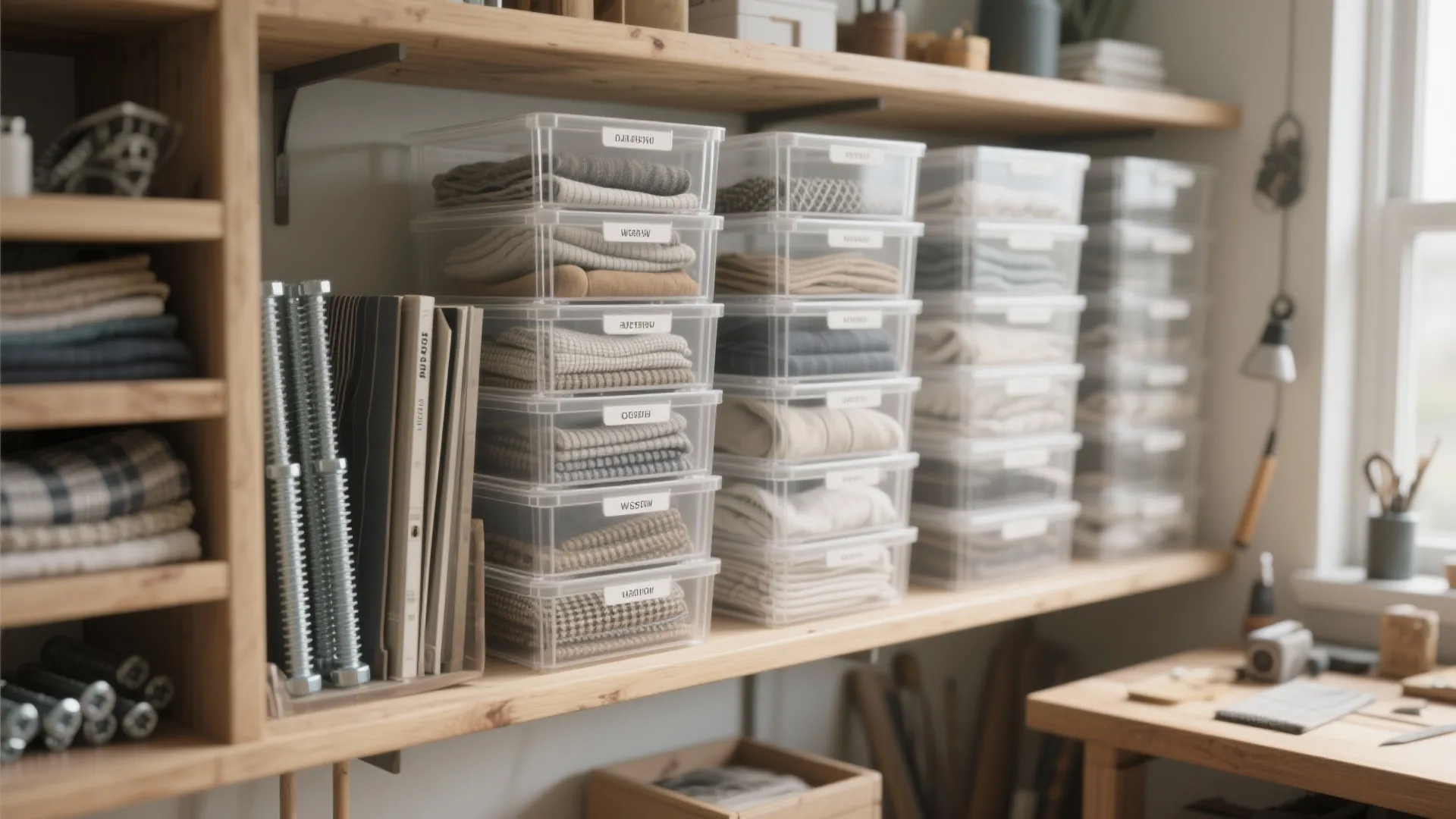 1. Tall, Clear Vertical Bins on Open Shelves