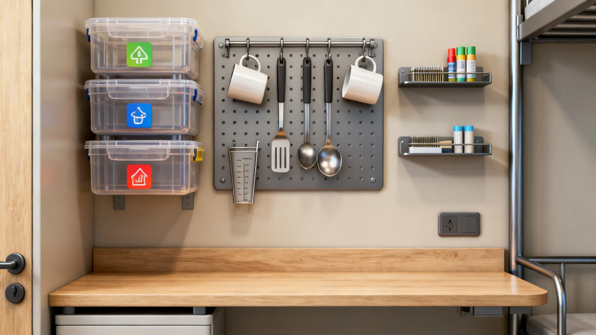 Vertical storage with clear bins and a metal pegboard over a narrow counter.