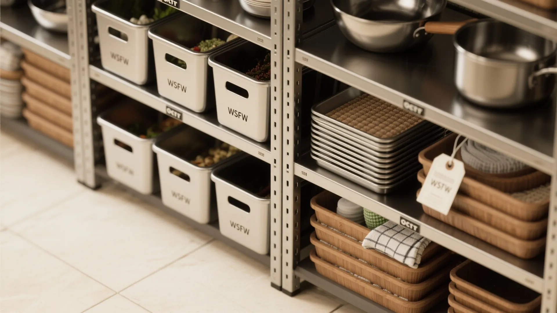 Vertical slotted bins and open stainless shelving organized for quick retrieval in a small kitchen.
