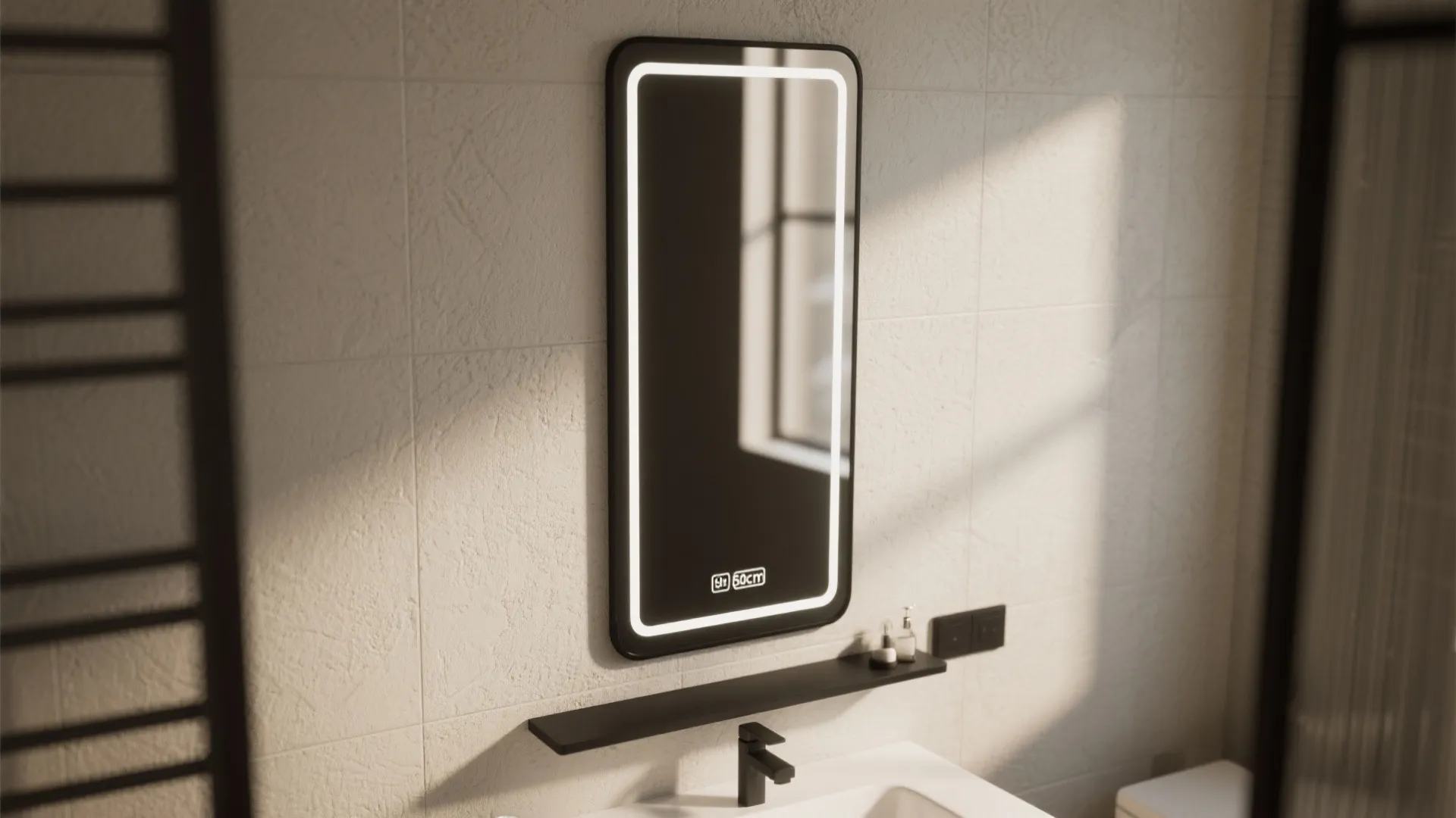 Rectangular lighted wall mirror hanging above a black shelf and sink in a bright bathroom