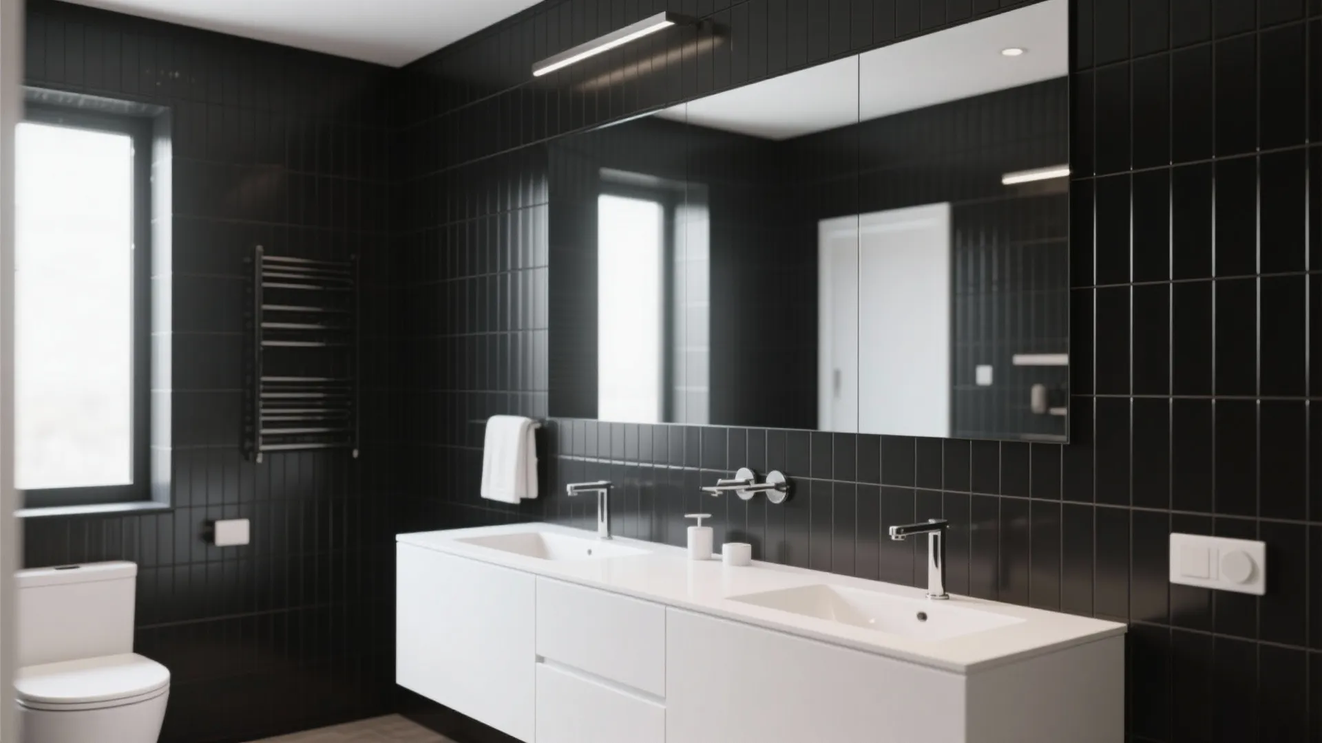 Minimalist bathroom featuring black wall tiles double white sink large mirror and bright window light