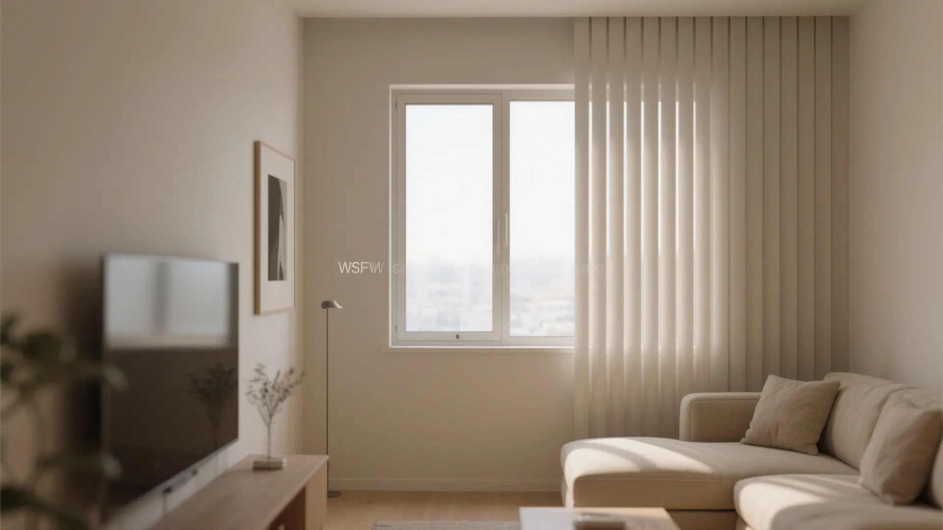 Living room featuring beige sofa wooden cabinet television window and vertical blinds with soft sunlight