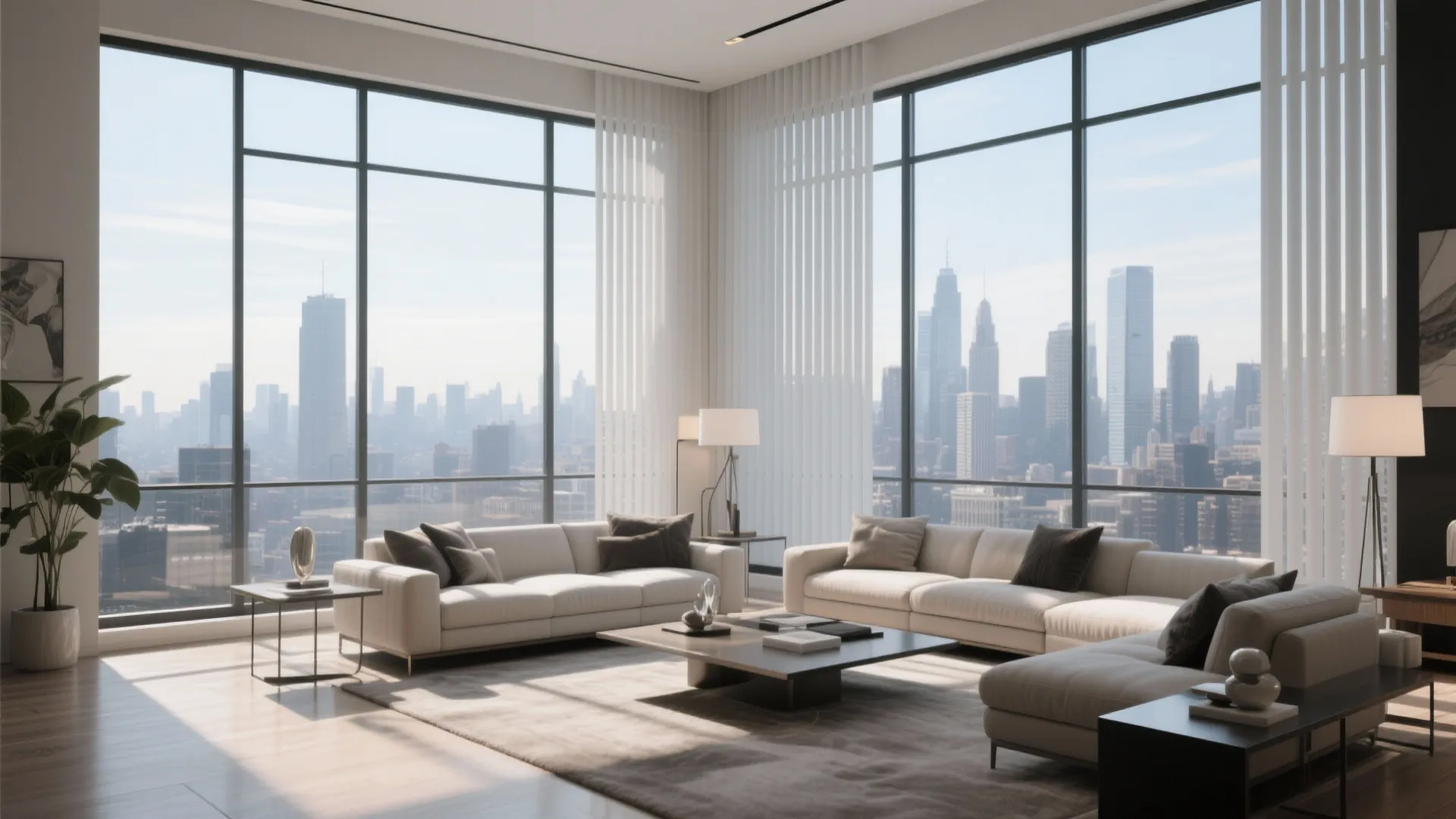 Penthouse living room with large windows and modern vertical blinds