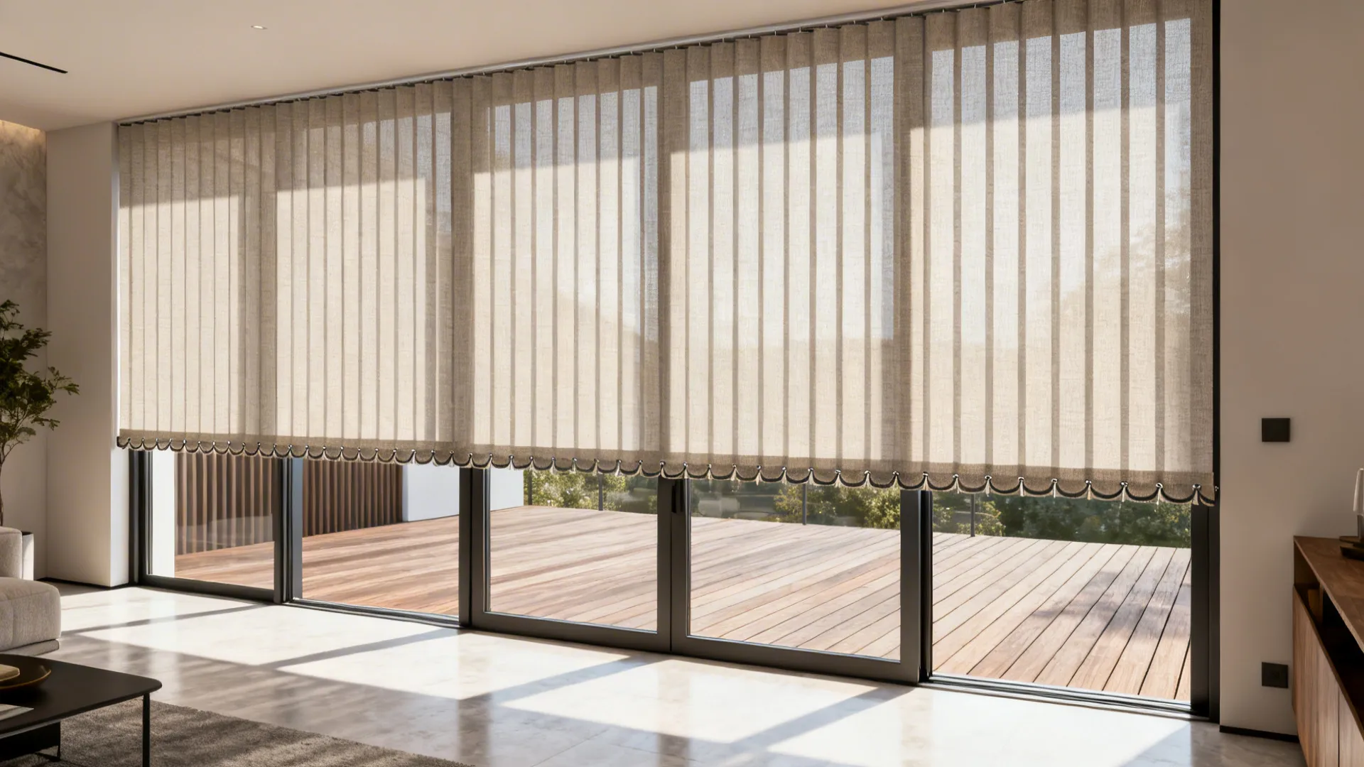 Sliding patio doors with contemporary fabric vertical blinds