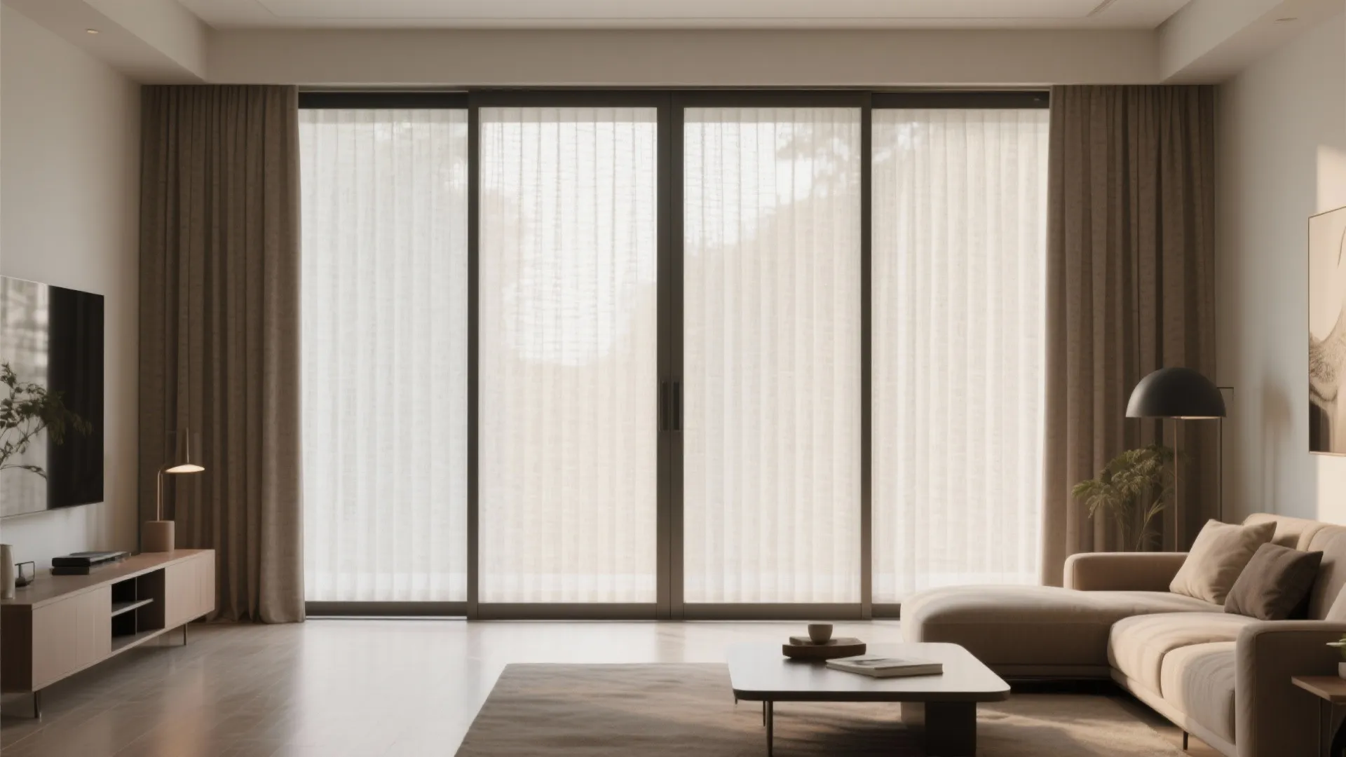 Wide living room windows with textured fabric vertical blinds