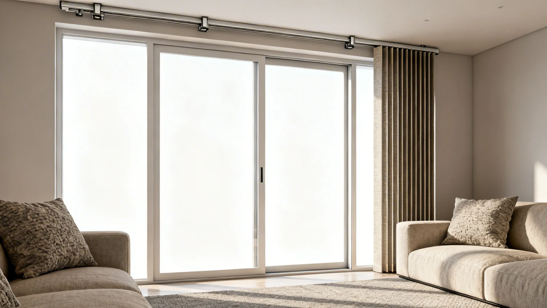 Wide bay window with textured vertical blinds stacked to the side and sliding door access.