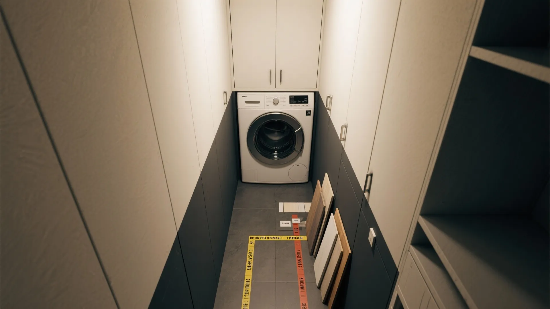 Narrow laundry room with white washing machine under a cabinet and grey wall panels on sides