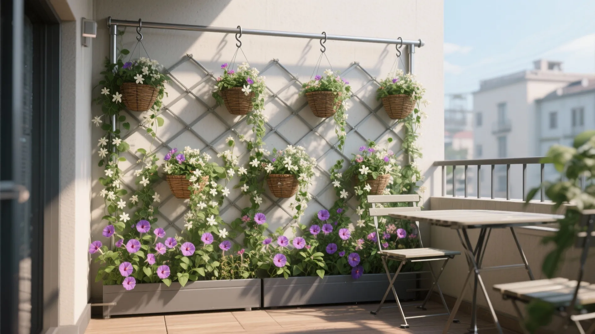 Vertical balcony garden with hanging flower baskets on a metal wall grid and small dining set