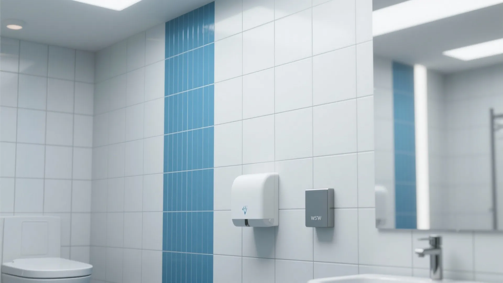 Powder room wall with narrow vertical blue tile stripes on white tiles to create height.