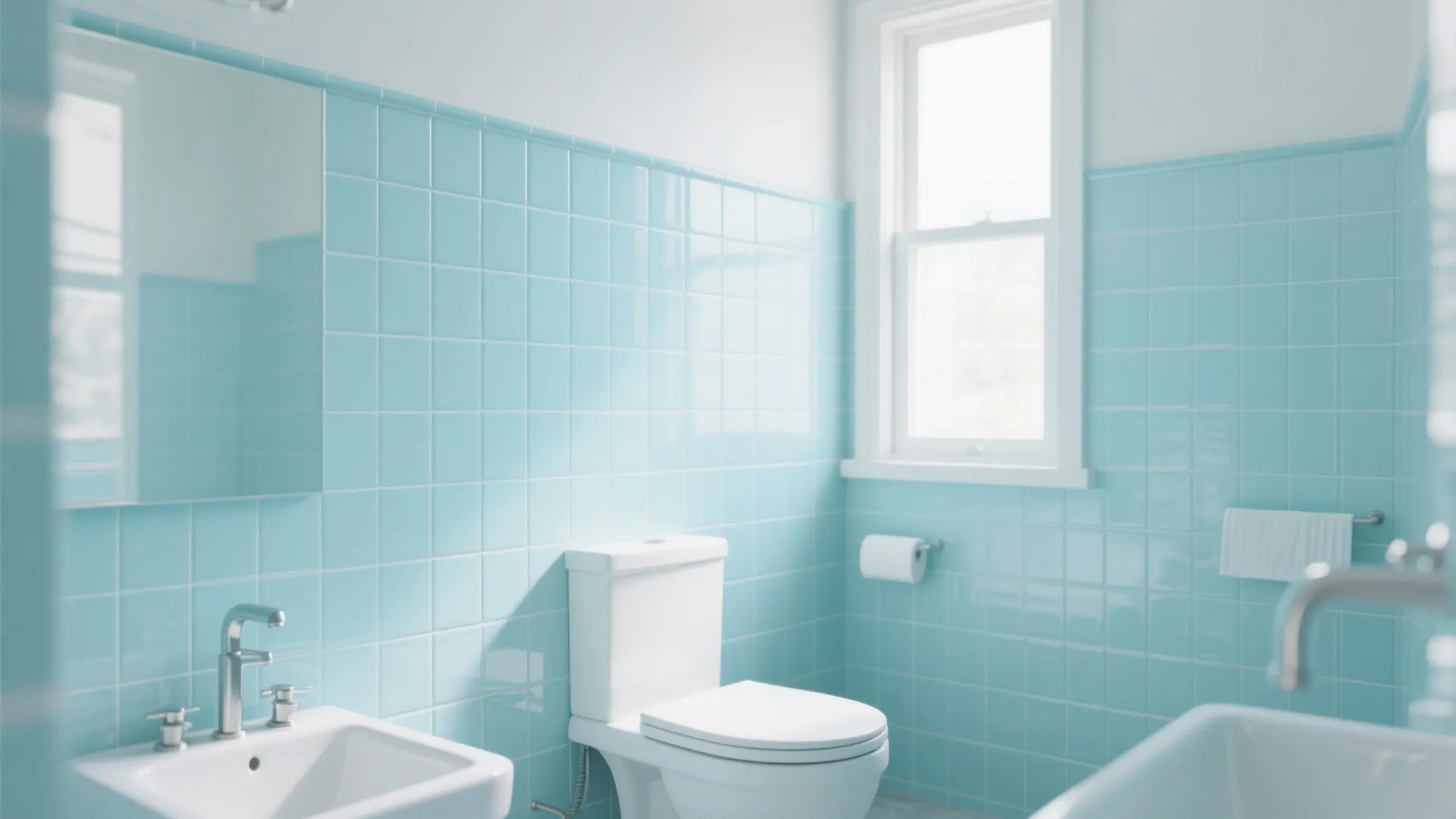 Bright bathroom with light blue wall tiles white toilet small sink mirror and a window
