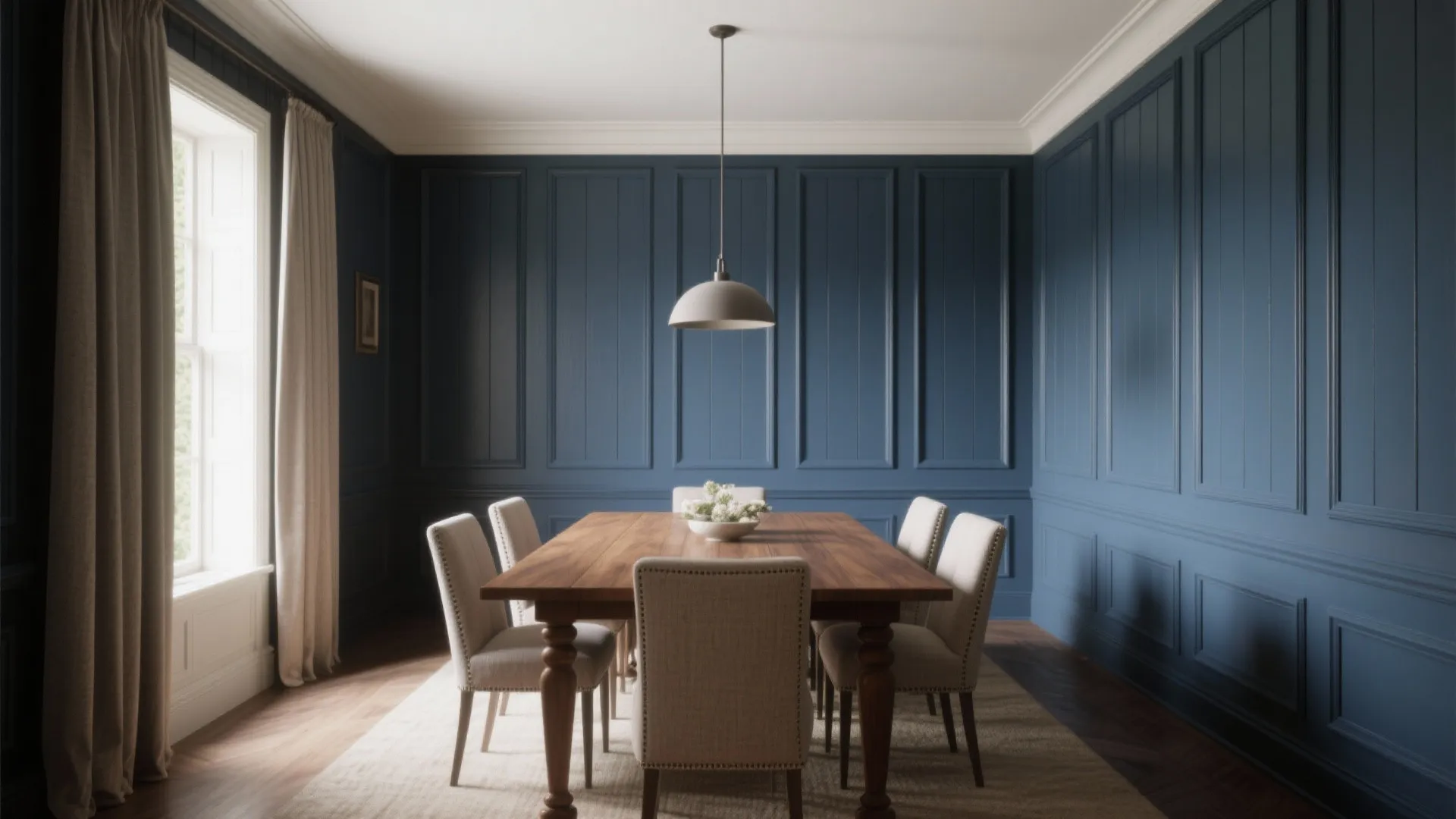 Dining room with deep navy vertical board and batten trim