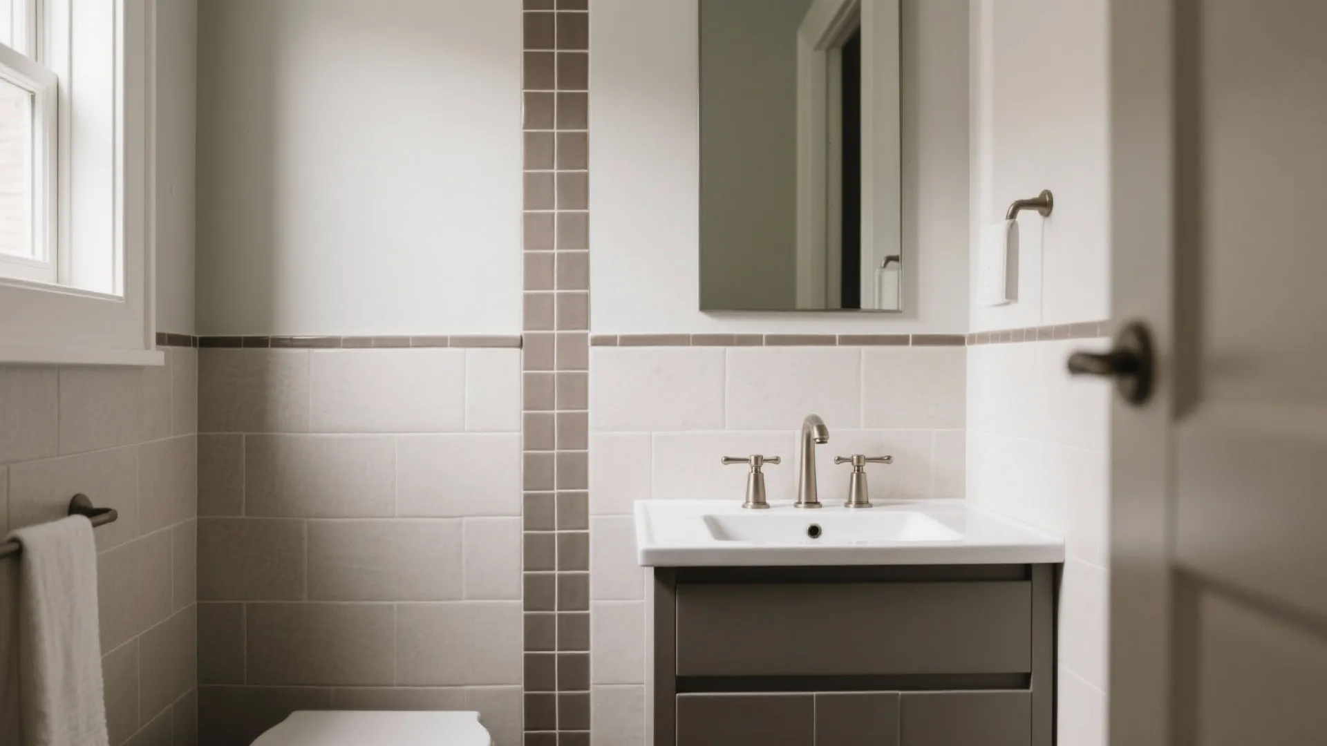 Modern bathroom interior design showing a white sink cabinet with mirror and vertical wall tiles