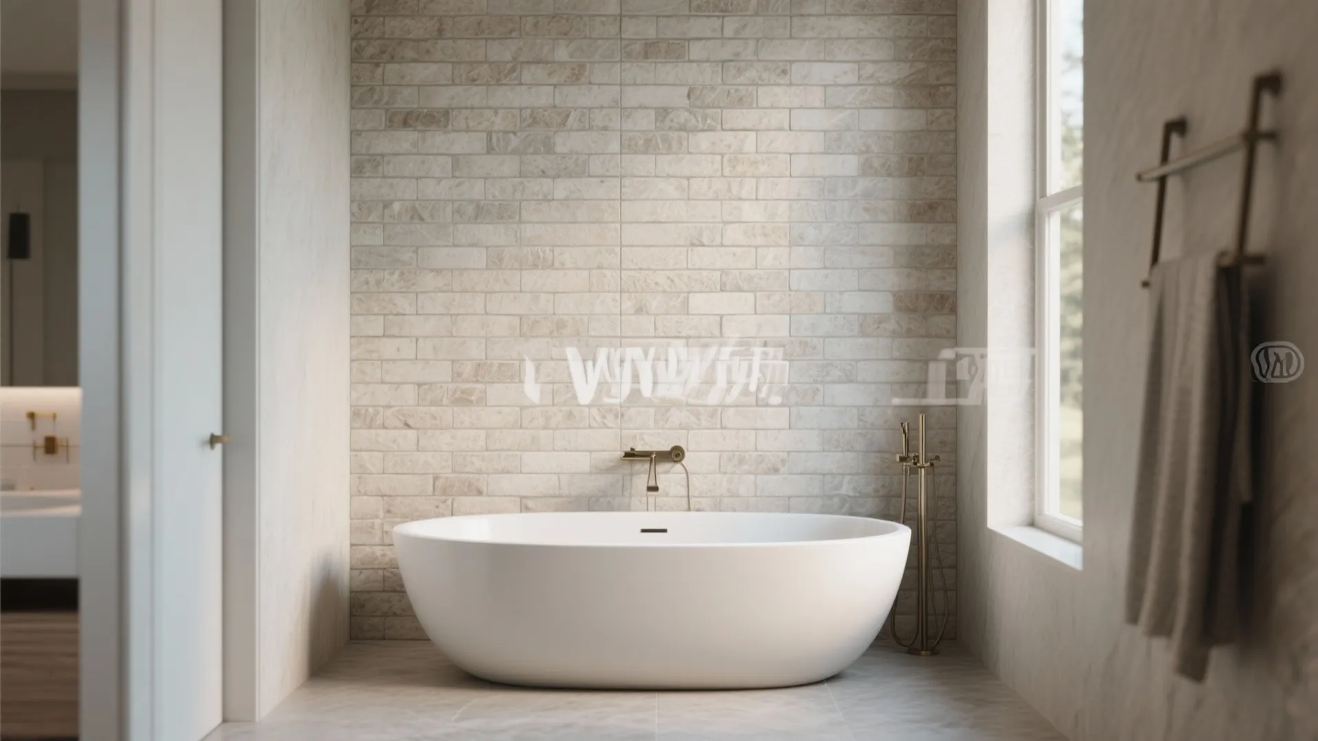 Minimalist bathroom featuring white oval bathtub against brick wall with large window and hanging towel