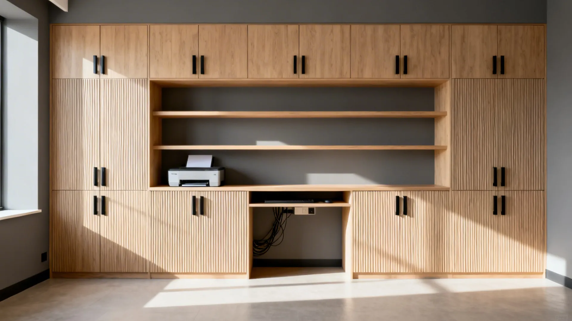 Wall-to-wall built-ins with mixed closed cabinets and open shelves maximizing vertical storage in a 10x10 office.