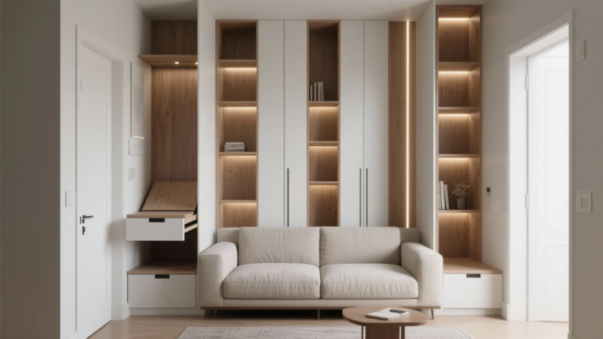 Modern living room featuring a beige sofa set against white and wood wall storage cabinets