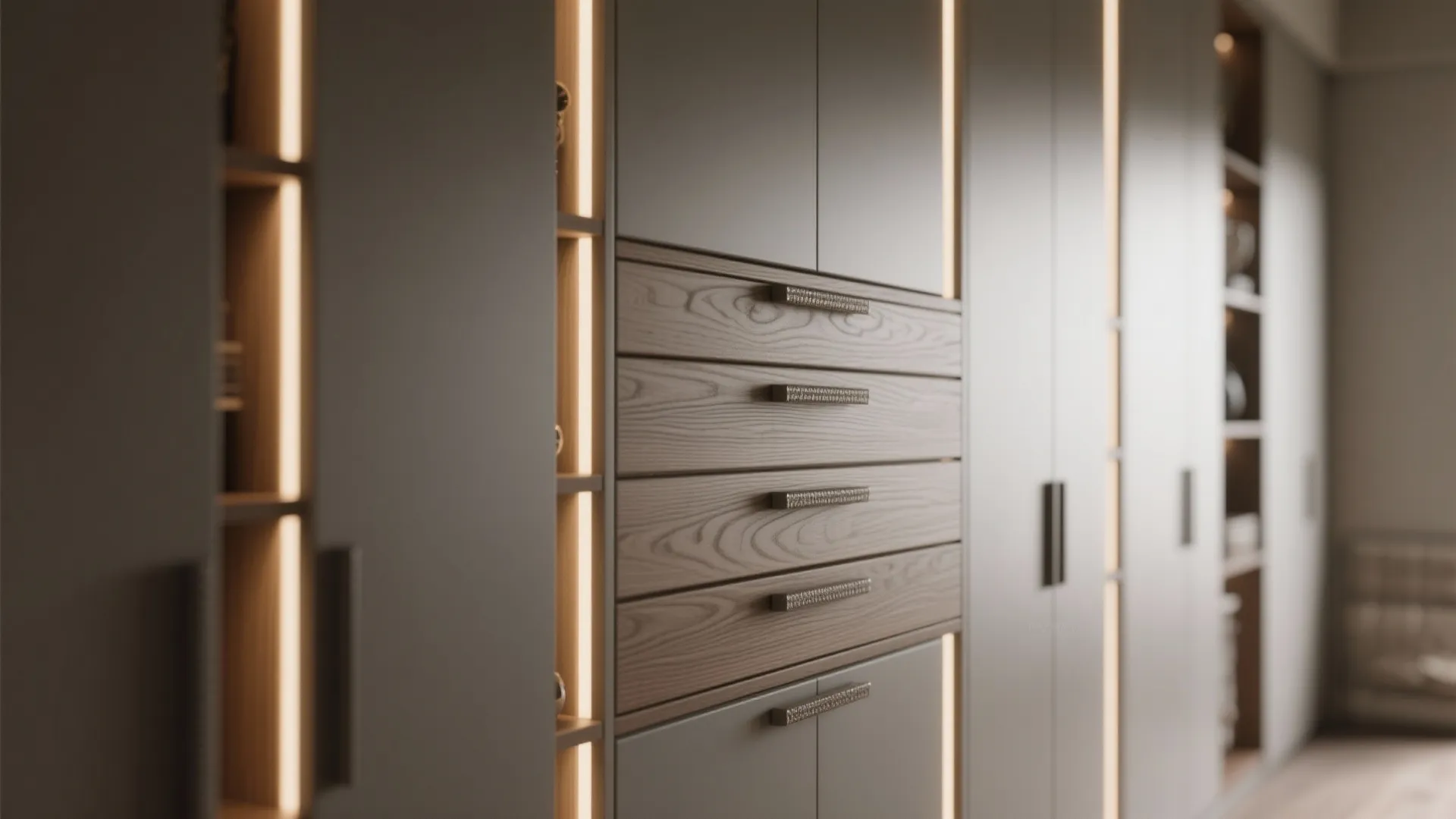 Close-up of tall built-in cabinets with vertical lighting, showing wood grain, matte finishes and integrated LED strips.