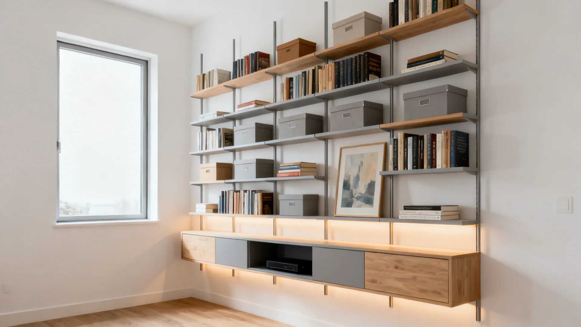 Color-matched floor-to-ceiling shelves and wall-mounted media unit in a small living room.