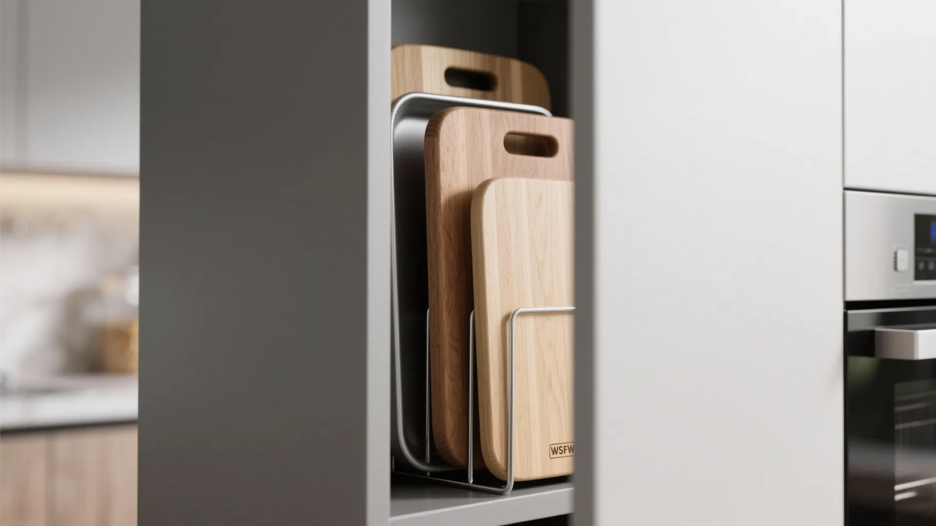 Vertical kitchen cabinet storage slot holding several wooden cutting boards and a metal baking tray