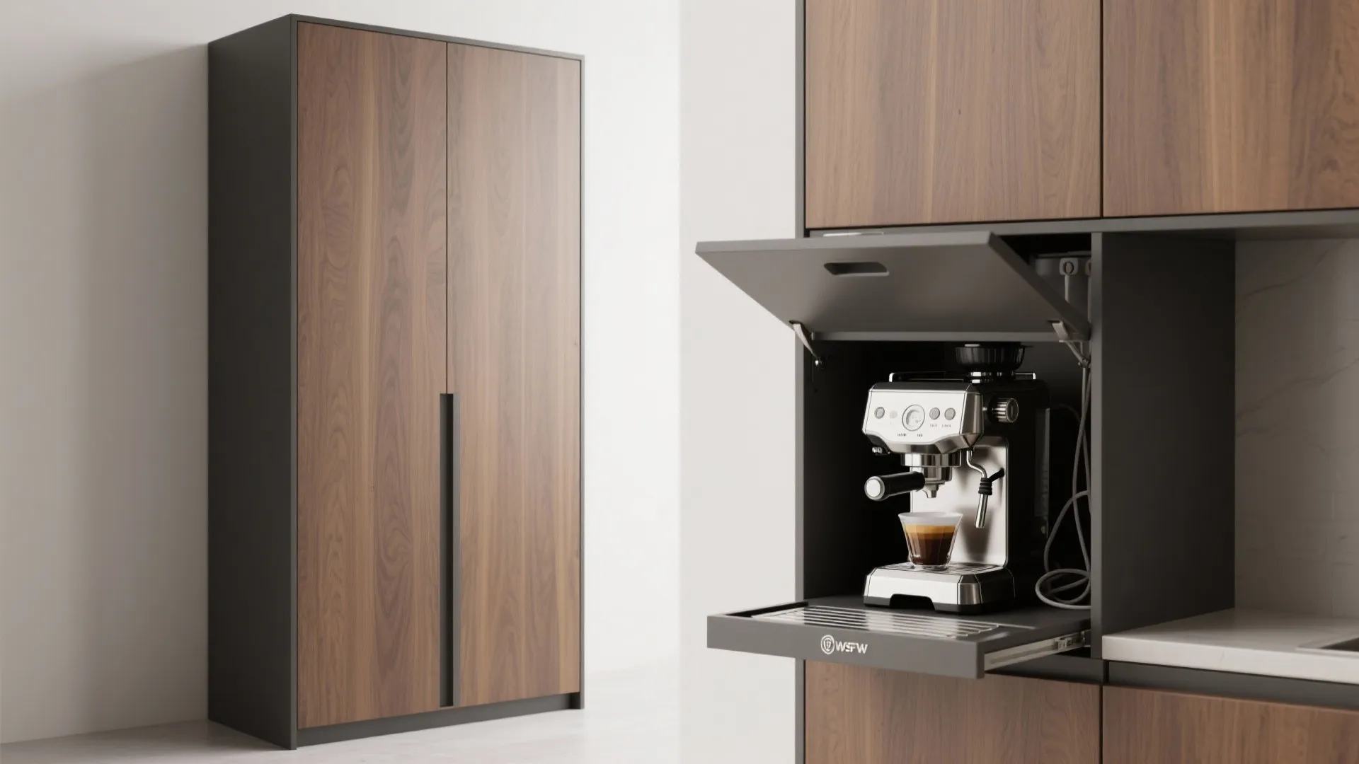 Modern kitchen cabinet with a pull-out drawer holding a coffee machine and an open door