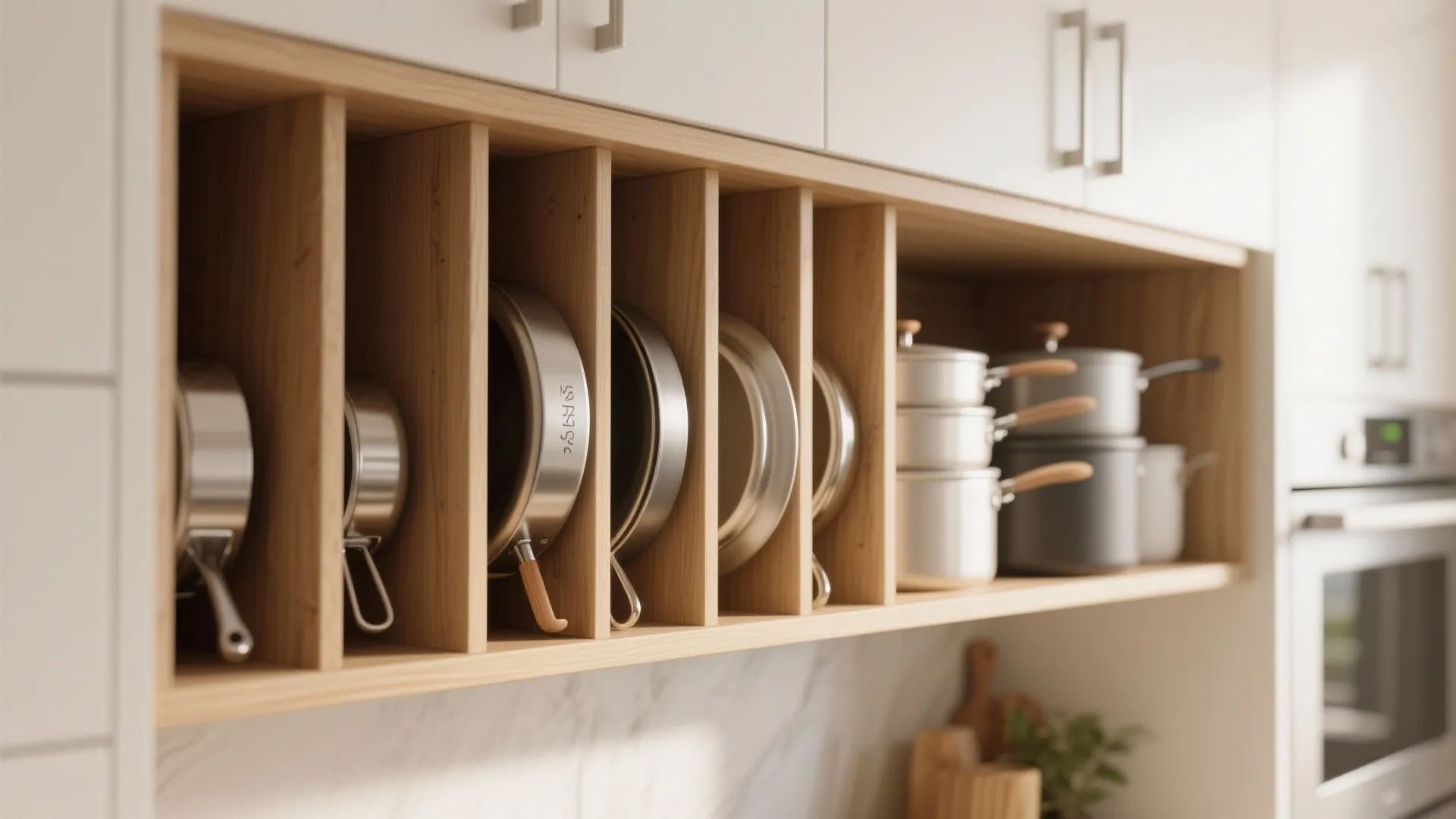 Wooden kitchen cabinet with vertical dividers organizing silver pans and pots for efficient storage space