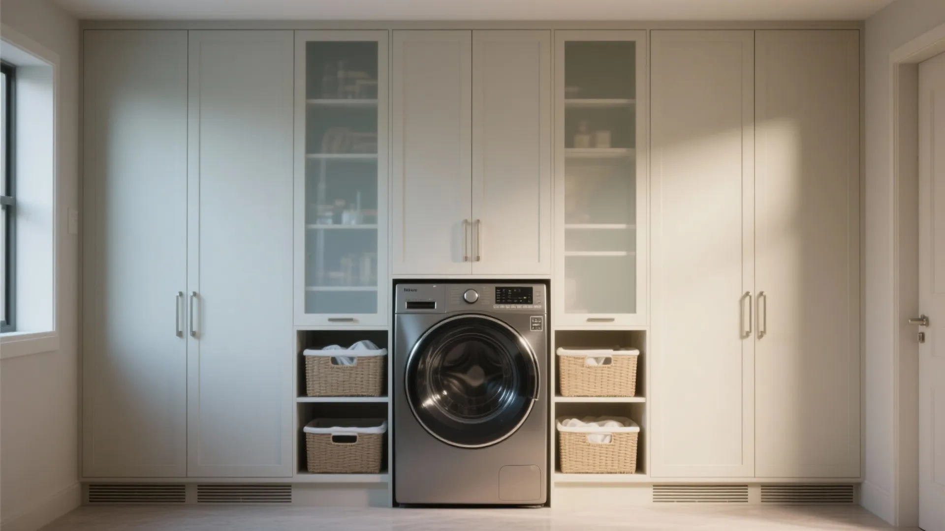 Built in washing machine surrounded by tall white cabinets and glass front cupboards with laundry baskets