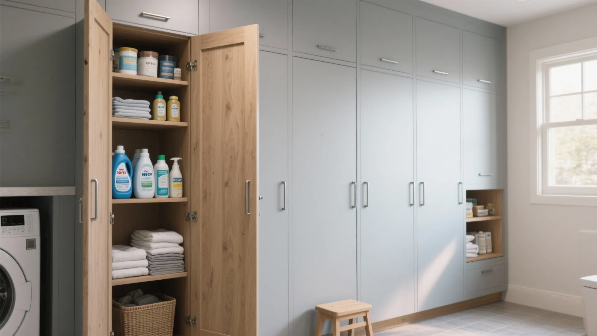 Grey laundry room wall cabinet with an open wooden shelf showing towels and cleaning supplies