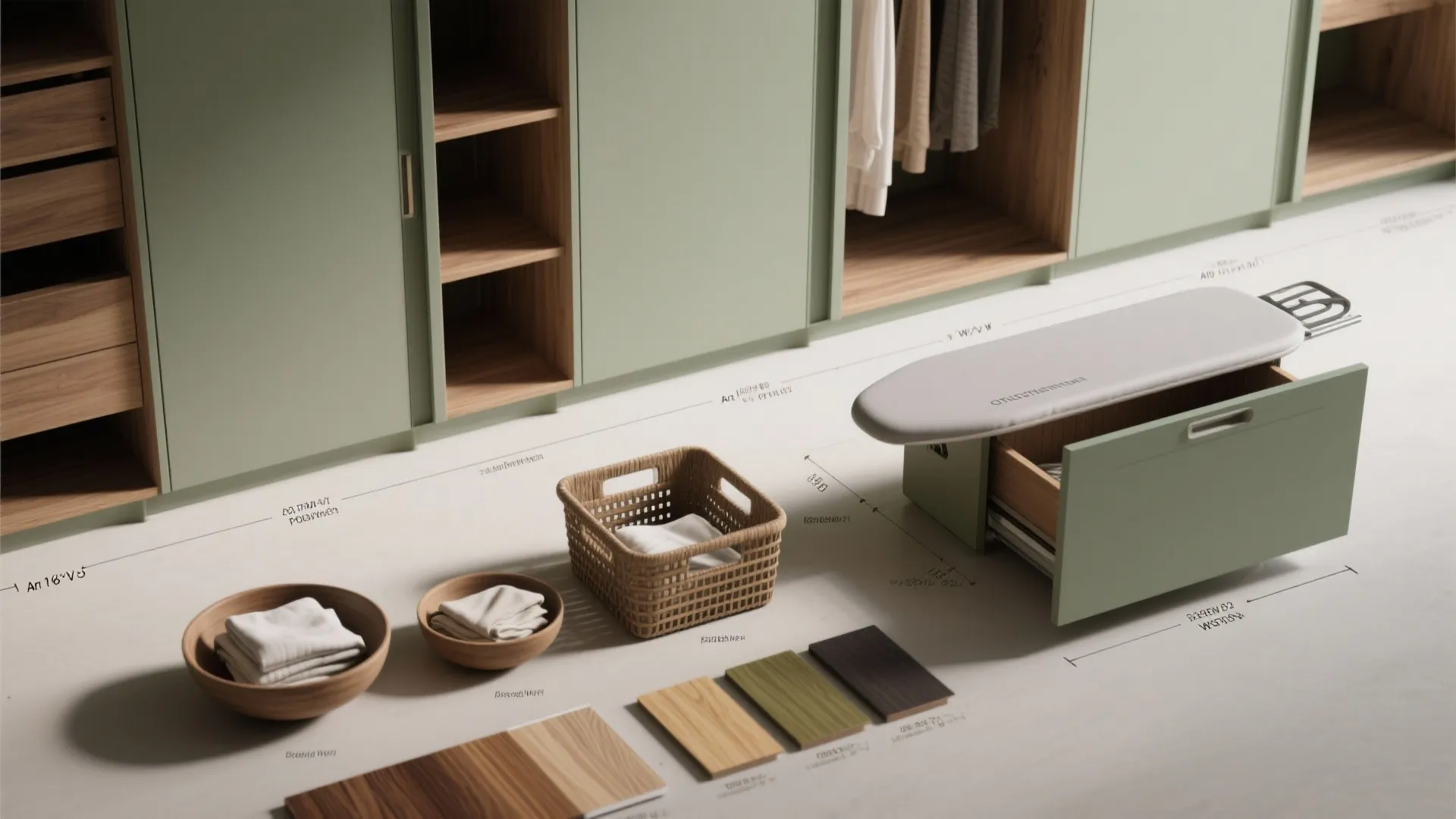 Green closet system featuring wood drawers open shelves basket pull out ironing board and samples