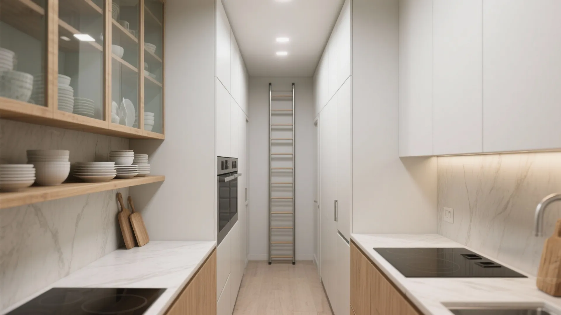 2. Go vertical — tall cabinets and open shelving