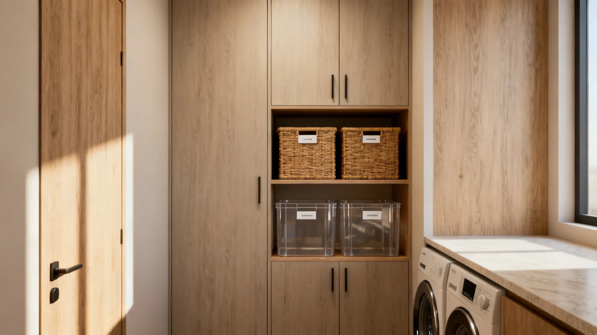 Tall laundry cabinets to the ceiling with open shelves and labeled baskets for neat storage