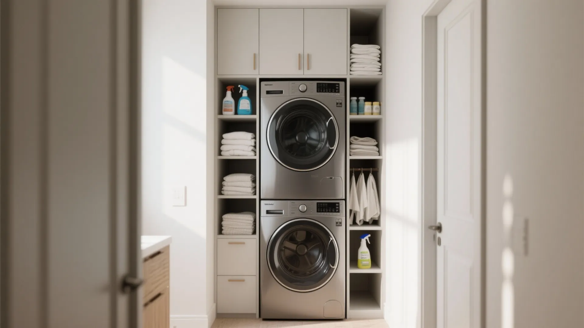 Silver washer dryer stacked inside white storage cabinets with shelves holding many neatly folded towels